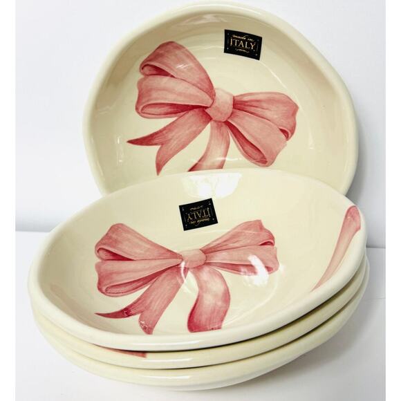 PINK BOW Coquette Bowls 10.25” Shabby Chic Made in Italy Set of 4 Ceramic - Picture 2 of 4